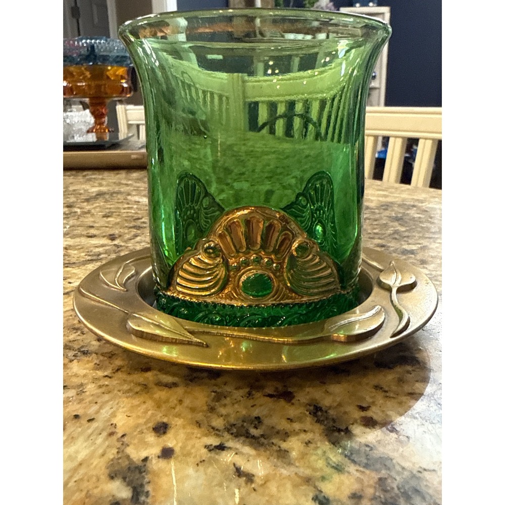AML Green Glass Votive Candle Holder Gold Leaf Metal Base Tray Made in USA